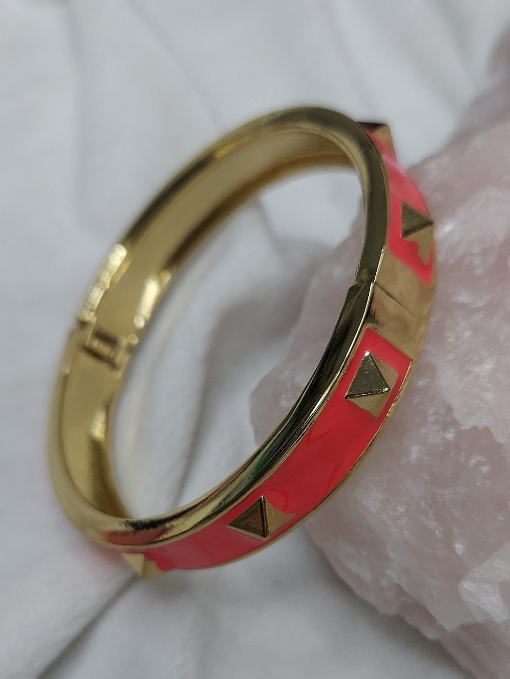 Gold-Tone Coral Enamel Pyramid Accent Bangle Bracelet